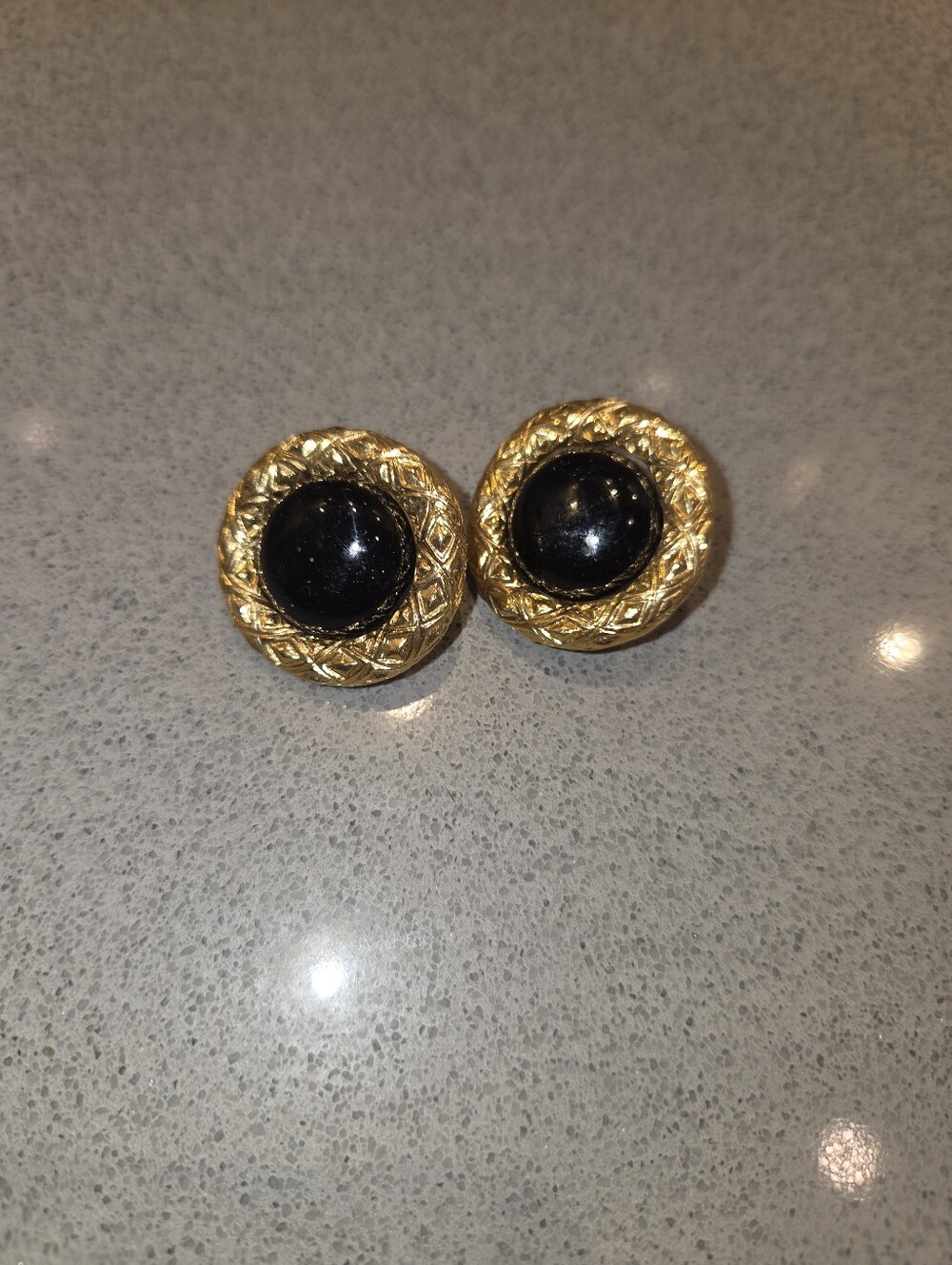 Gold-Trim Black Cabochon Button Clip On Earrings